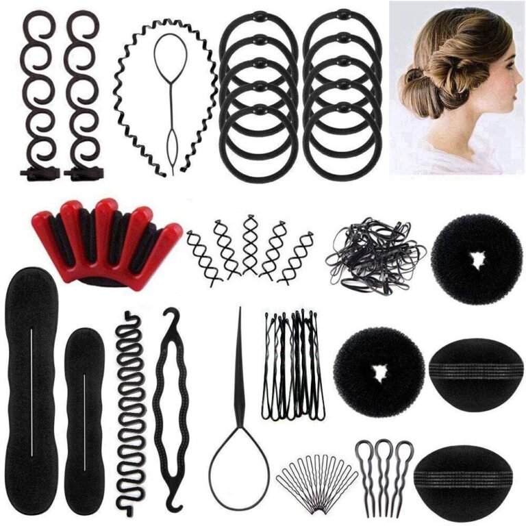 Assortment of black hair styling tools and accessories, including bun makers