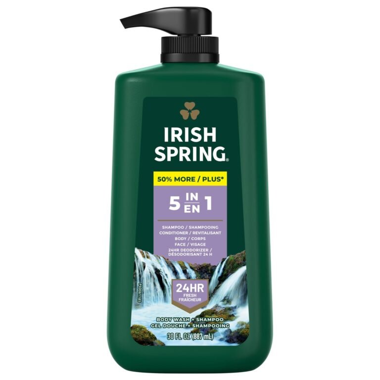 Green Irish Spring 5-in-1 body wash bottle with waterfall image and pump