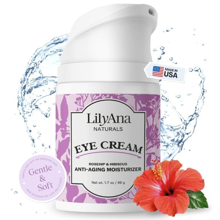 LilyAna Naturals eye cream with hibiscus, water splash, and "Made in USA" label