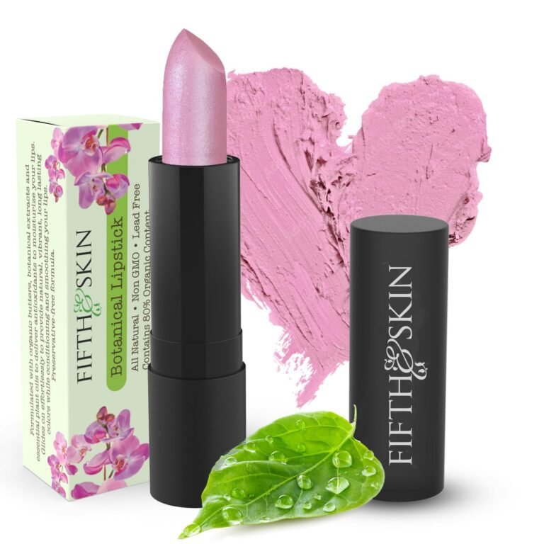 Pink lipstick, box, and swatch with a leaf, all branded "Fifth & Skin"