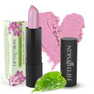Pink lipstick, swatch, and box with orchid design, leaf with water droplets