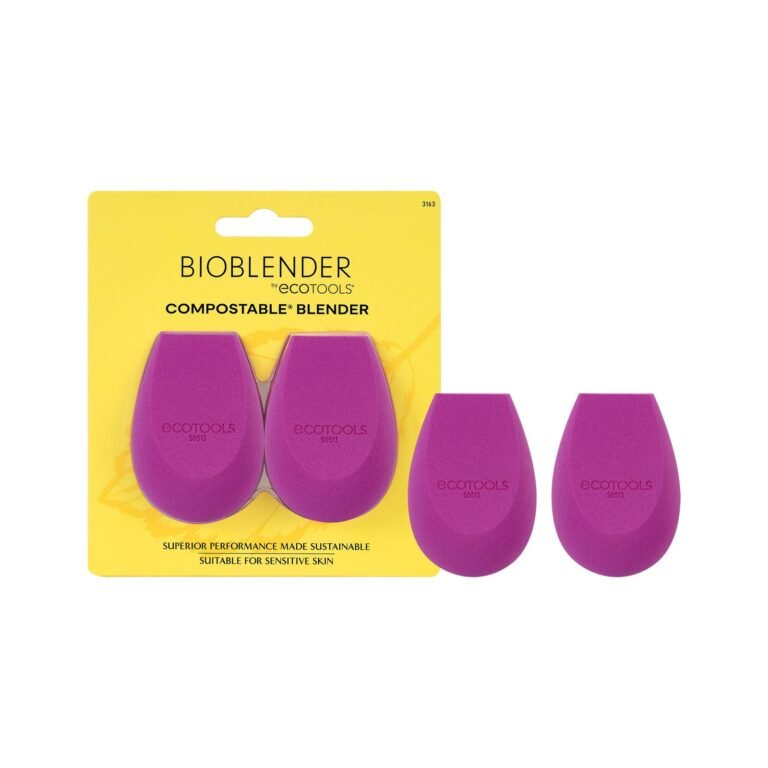 Purple Bioblender makeup sponges on yellow packaging, compostable and suitable for sensitive skin