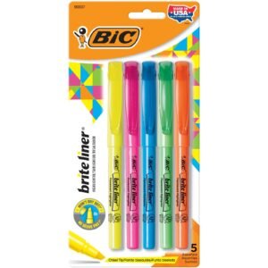 Pack of five BIC Brite Liner fluorescent highlighters in assorted colors