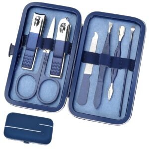 Blue manicure set with clippers, scissors, and tools in a case