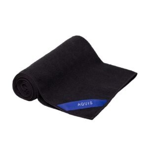 Rolled black towel with blue label reading "AQUIS" on white background