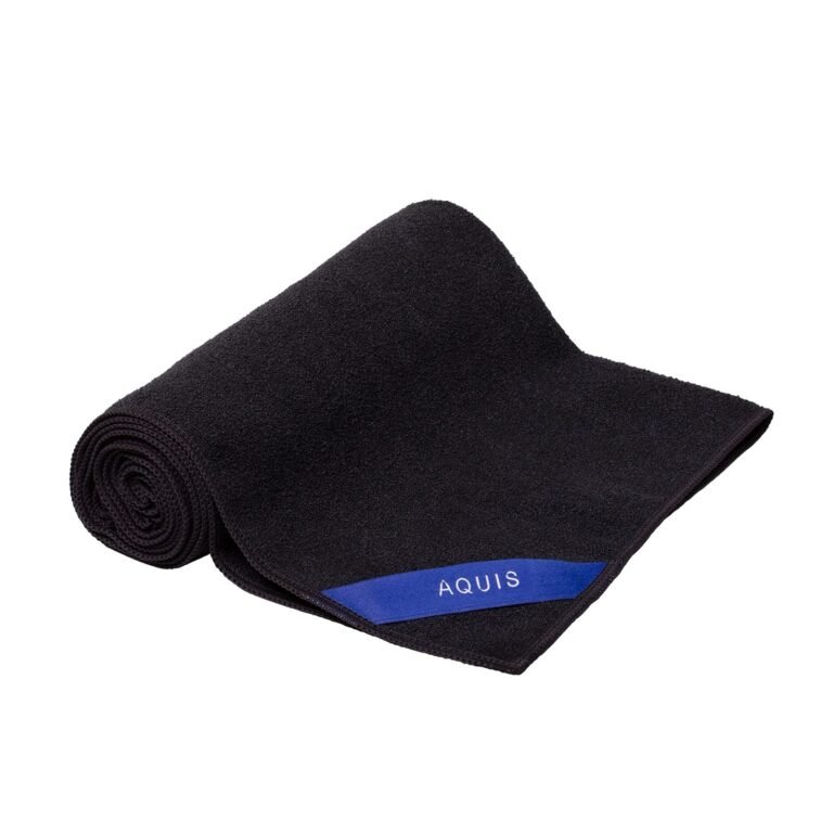 Rolled black towel with blue label reading "AQUIS" on white background