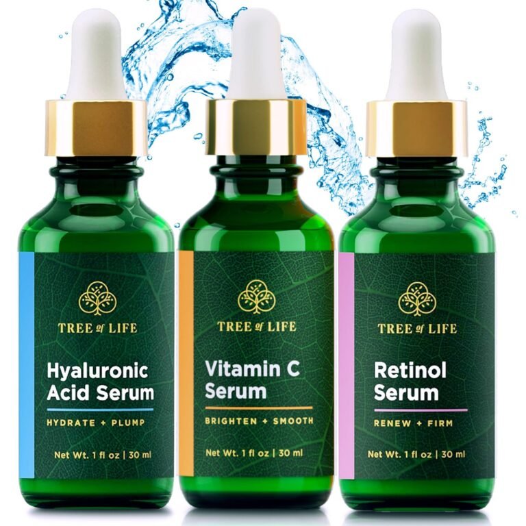 Three Tree of Life serum bottles: Hyaluronic Acid, Vitamin C, and Retinol