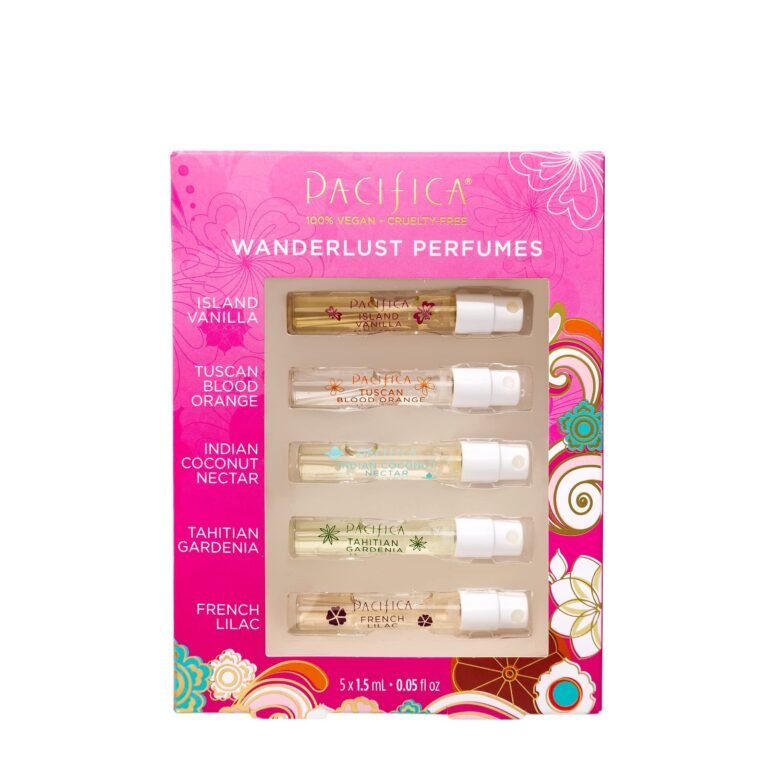 Pacifica Wanderlust Perfumes set with five different fragrance samples in pink box
