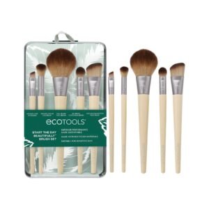 Ecotools makeup brush set with wooden handles, in a clear case, on white background