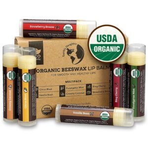 Organic beeswax lip balm multipack with various flavors and USDA Organic label