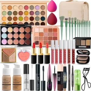 Makeup products including eyeshadow palettes, lipsticks, brushes, and foundation bottles