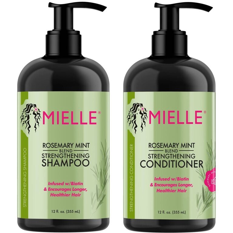 Two Mielle Rosemary Mint Strengthening Shampoo and Conditioner bottles