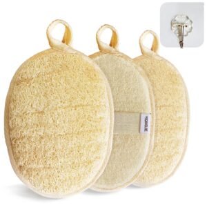 Three loofah bath sponges with hanging loops and a wall hook