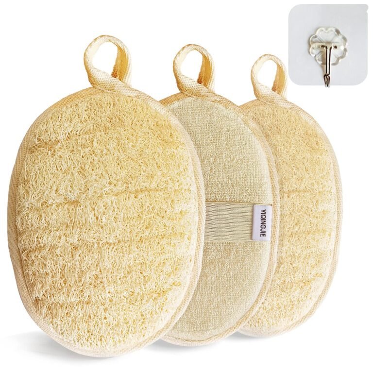 Three loofah bath sponges with hanging loops and a wall hook