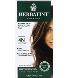 Box of Herbatint permanent hair color gel, chestnut shade, with woman's face