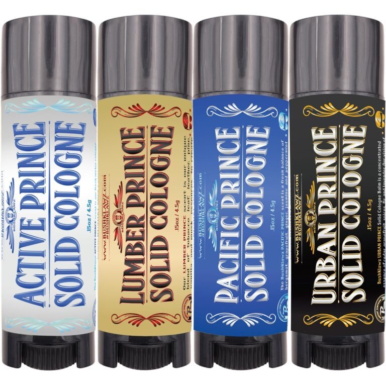 Four solid cologne sticks with different labels: Active, Lumber, Pacific, and Urban Prince