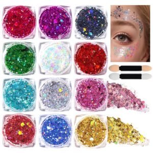 Various colors of glitter in jars, eye makeup, and applicators