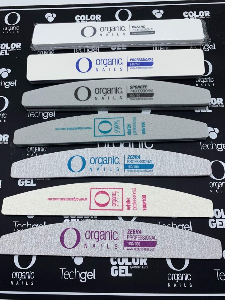Assortment of Organic Nails brand nail files in various shapes and grits