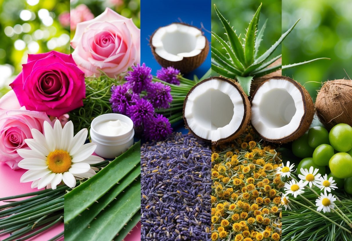 A colorful array of natural elements: roses, aloe, coconut, lavender, and chamomile, contrasted with toxic chemicals: parabens, sulfates, phthalates, formaldehyde, and synthetic fragrances