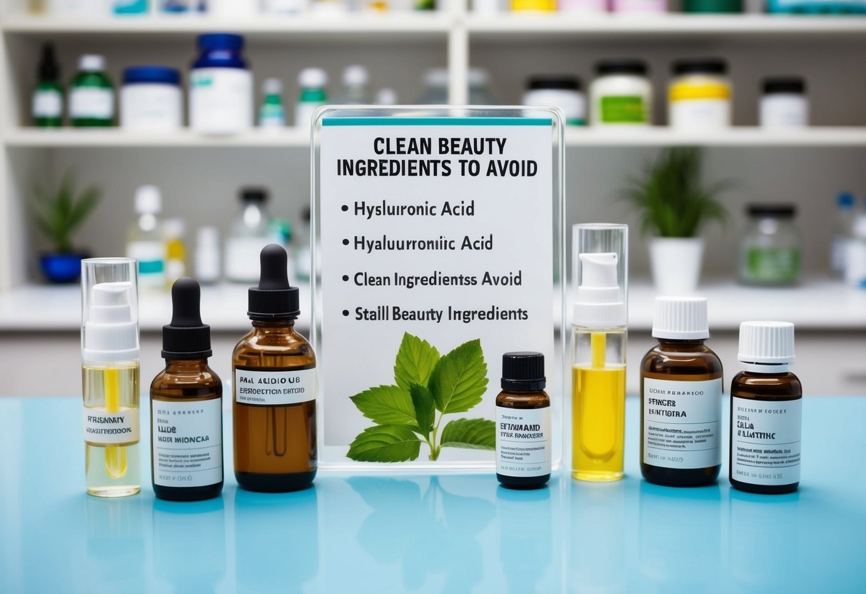 A laboratory setting with various natural ingredients displayed, including hyaluronic acid, and a list of clean beauty ingredients to avoid