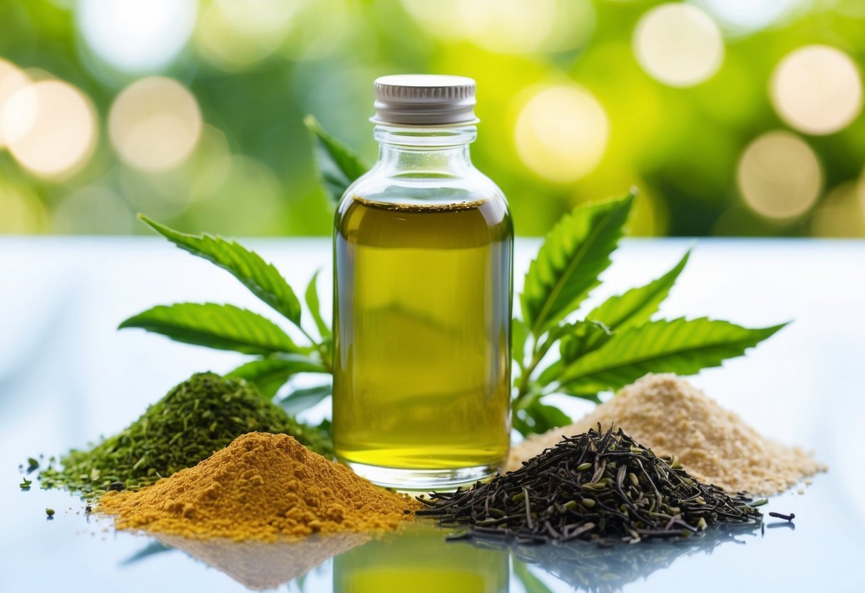 A clear glass bottle filled with green tea extract surrounded by five natural ingredients and five synthetic ones
