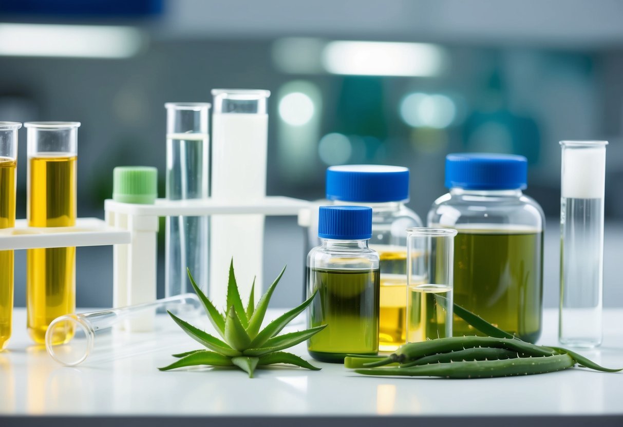 A laboratory table with various natural ingredients like niacinamide, aloe vera, and green tea, surrounded by test tubes and beakers