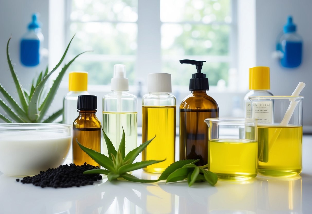 A laboratory table with various natural ingredients like aloe vera, coconut oil, and green tea displayed alongside harmful synthetic chemicals like parabens and sulfates