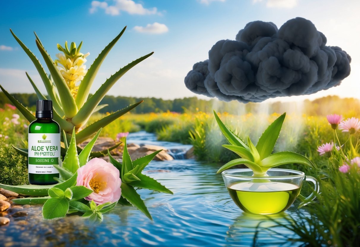 A serene, natural landscape with blooming flowers and clear, flowing water. Ingredients like aloe vera, rosehip oil, and green tea are prominently featured, while harmful chemicals are depicted as dark, ominous clouds