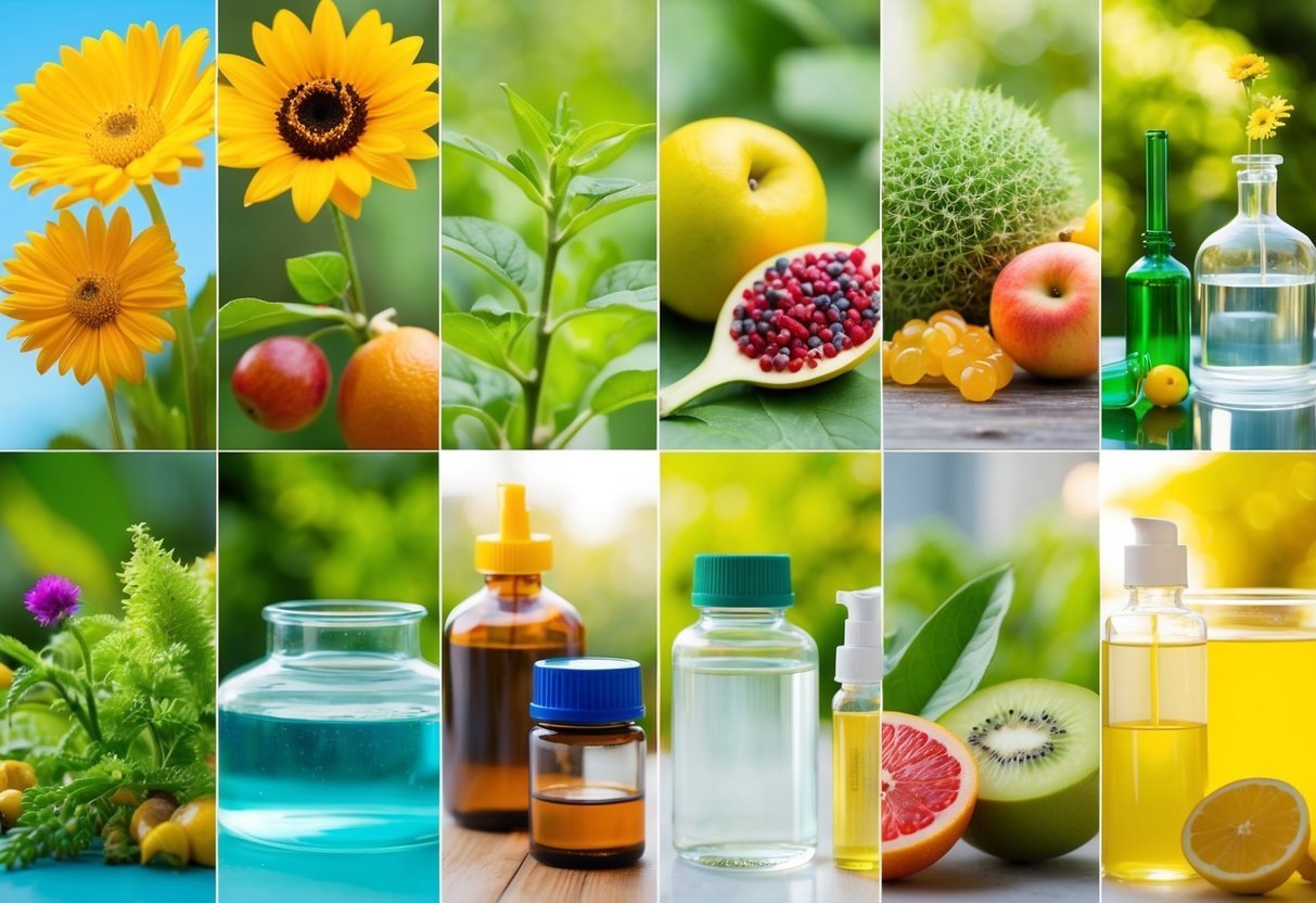 A collection of natural elements like flowers, plants, and fruits, contrasted with toxic substances like chemicals and pollutants