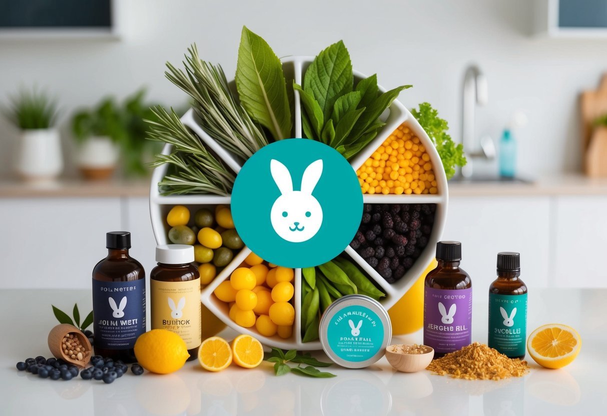A collection of colorful, natural ingredients and symbols of ethical practices, such as a bunny logo or a leaf, arranged in a clean, modern setting