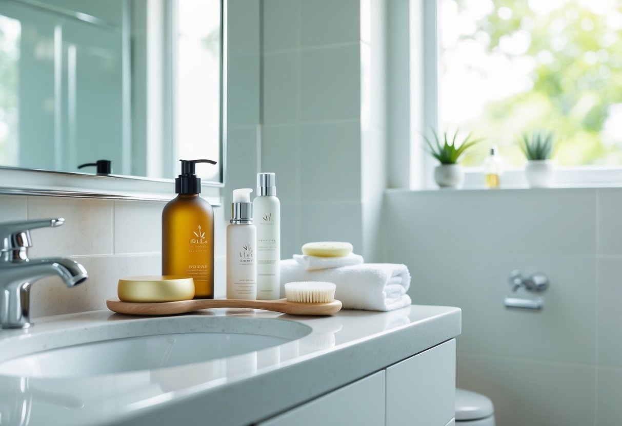 A serene bathroom counter with neatly arranged skincare products, a soft towel, and a gentle cleansing brush. A clear, uncluttered space with natural light streaming in