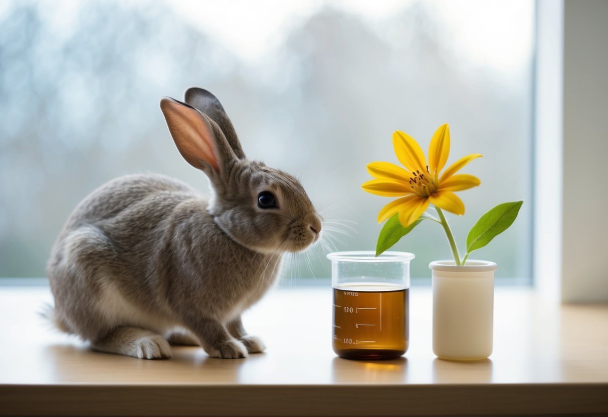 A rabbit sniffs a flower while a lab beaker sits untouched on a shelf