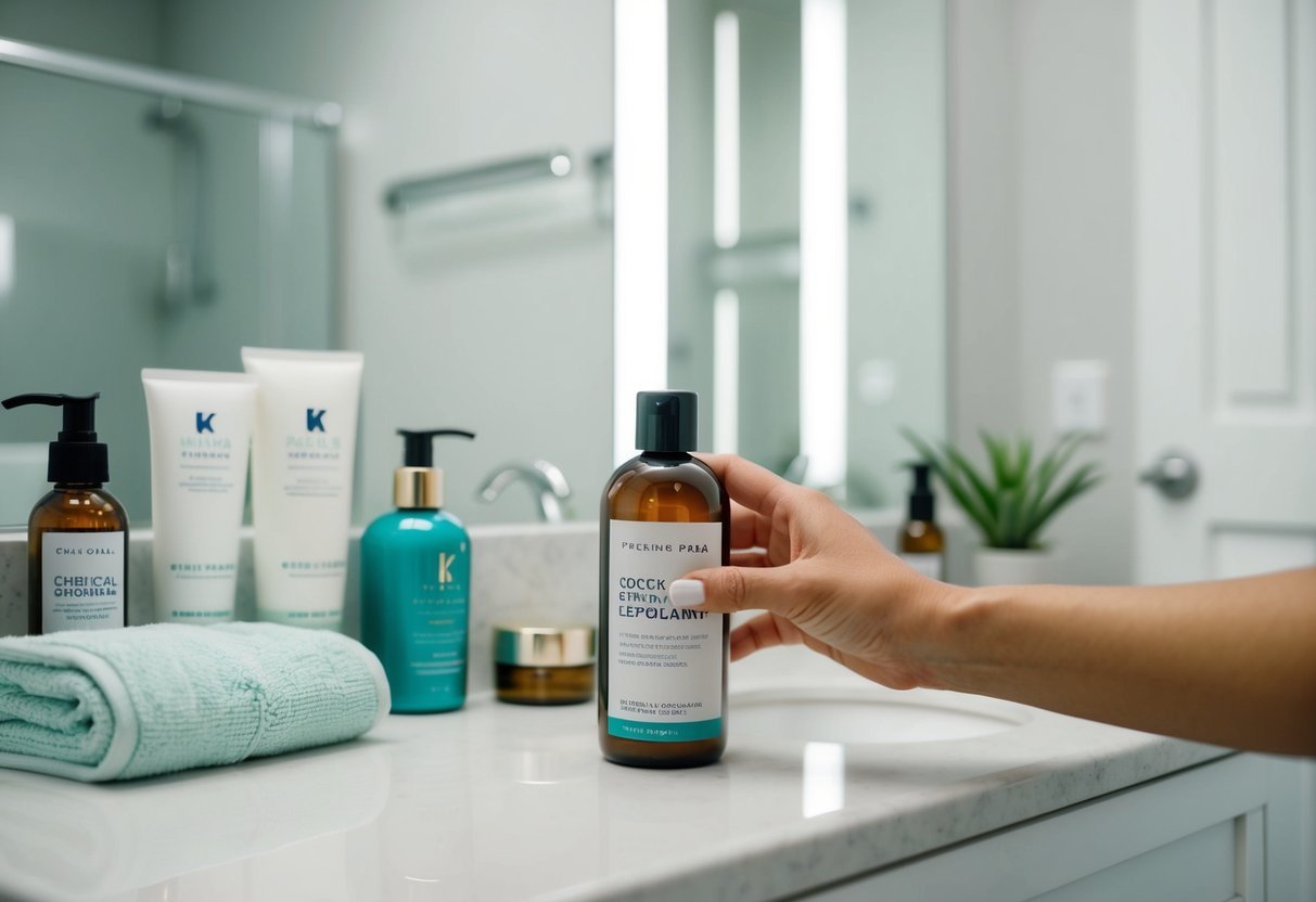 A hand reaching for a bottle of chemical exfoliant on a clean, organized bathroom countertop, surrounded by other skincare products and a soft towel
