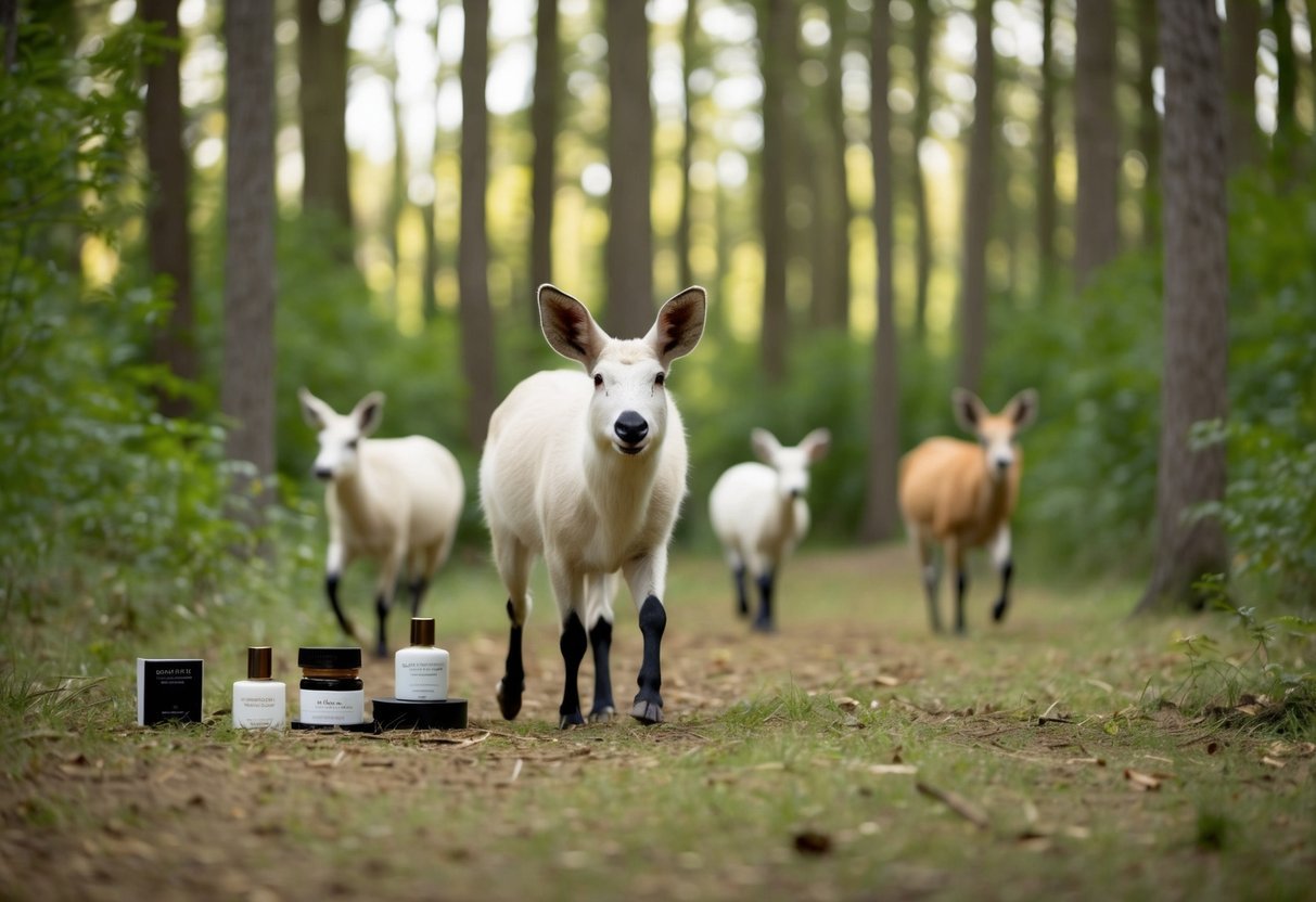 A serene forest with animals roaming freely, surrounded by untouched beauty products