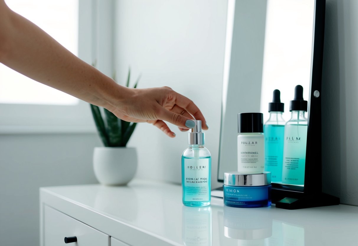 A hand reaching for a bottle of hydrating toner next to a stack of skincare products on a clean, minimalist vanity