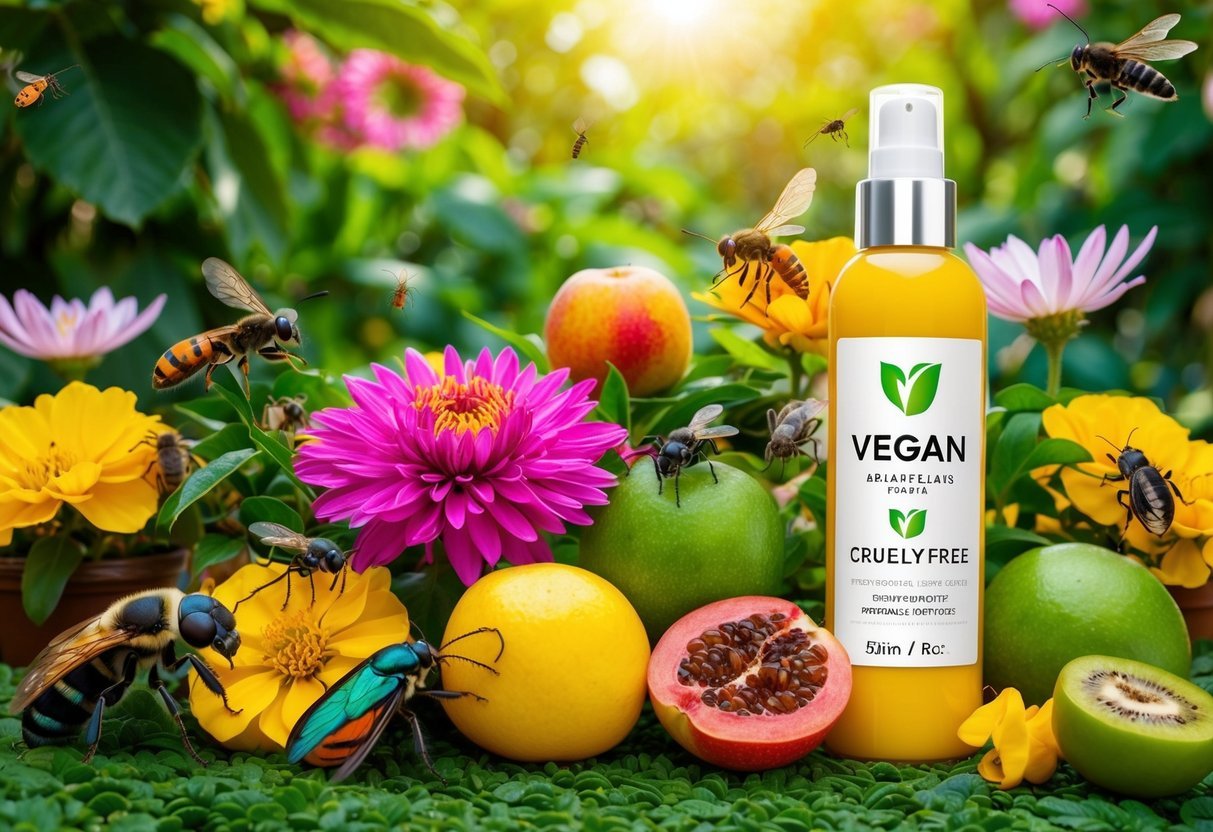A lush garden with vibrant flowers and fruits, surrounded by animals and insects living harmoniously. A clear label on beauty products indicates "vegan" and "cruelty-free."