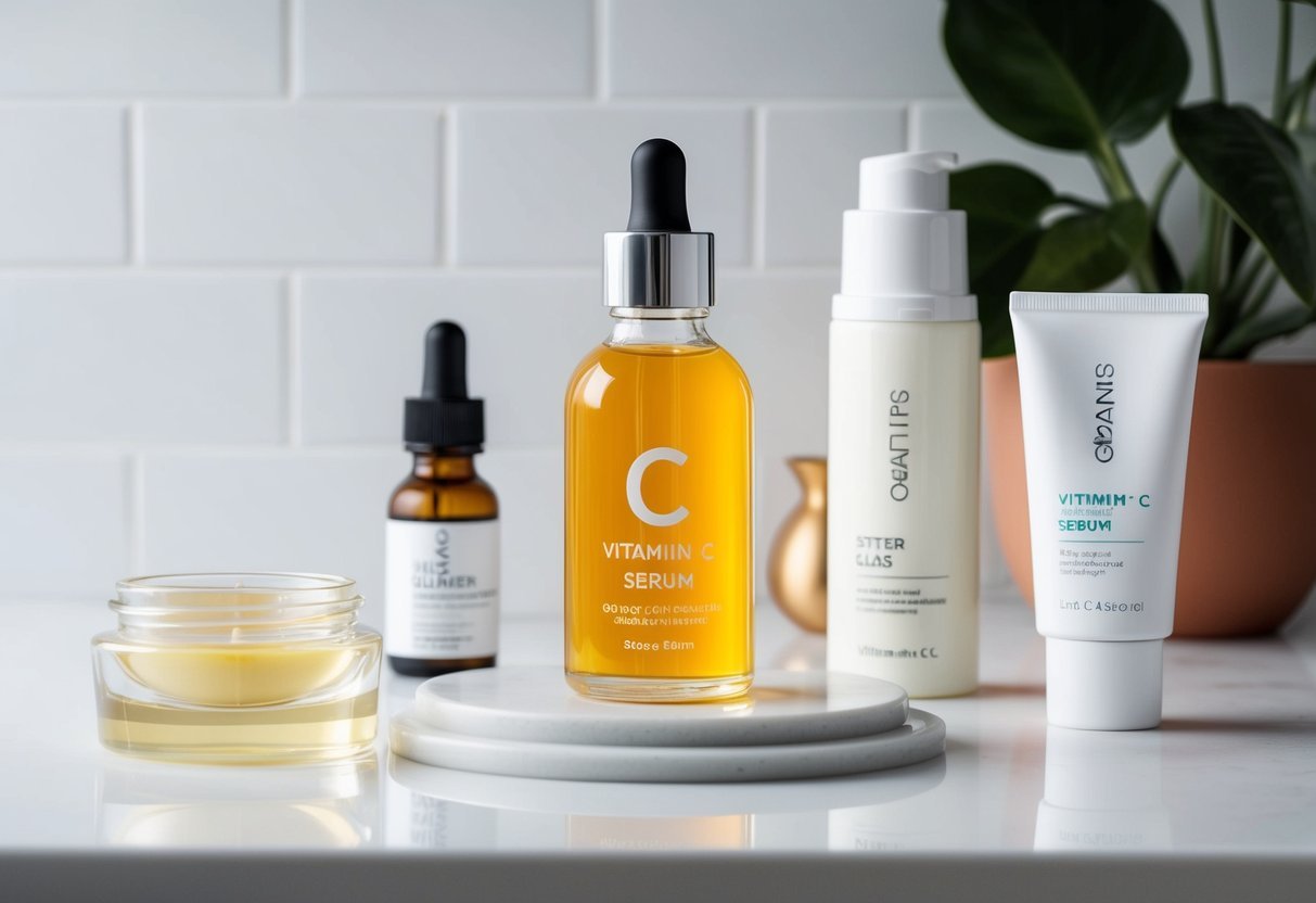 A clear glass bottle of Vitamin C serum sits on a clean, white countertop surrounded by a minimalist skincare routine including a cleanser, toner, moisturizer, and sunscreen