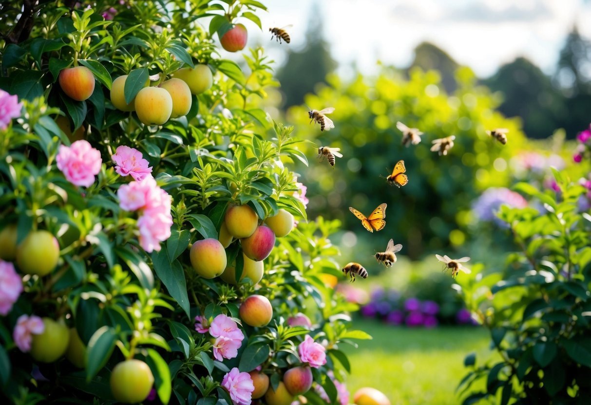 A lush garden with blooming flowers and ripe fruits, surrounded by buzzing bees and fluttering butterflies