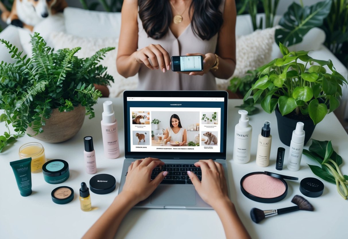 A table with various beauty products, surrounded by plants and animals, as a person reads cruelty-free beauty product reviews on a laptop