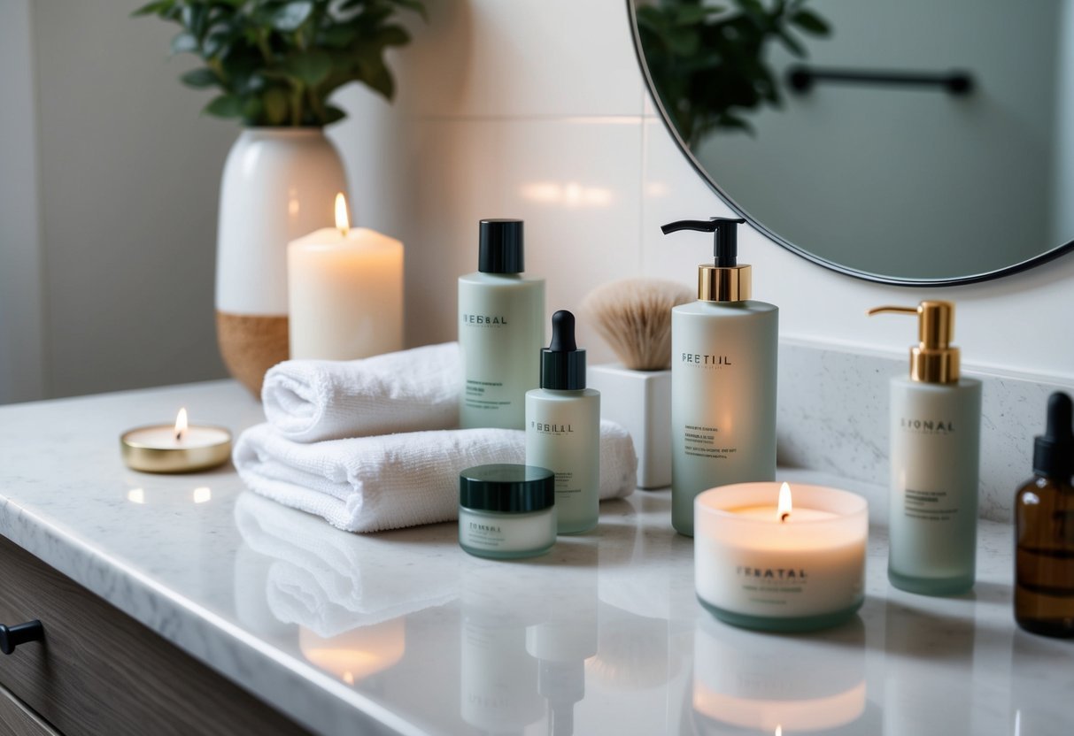 A serene bathroom counter with neatly arranged skincare products, a soft towel, and a gentle candle, creating a peaceful and inviting atmosphere for a consistent skincare routine