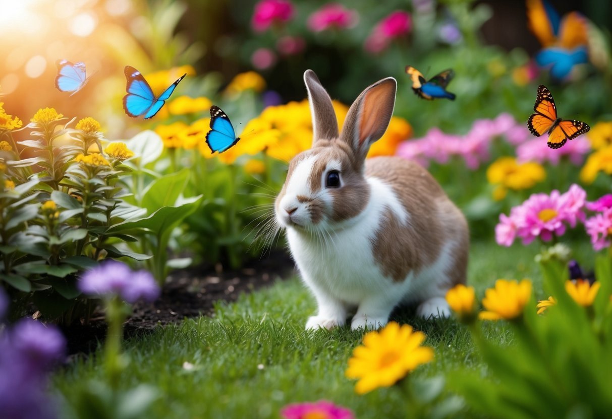 A bunny happily exploring a garden filled with flowers and plants, surrounded by vibrant butterflies and birds