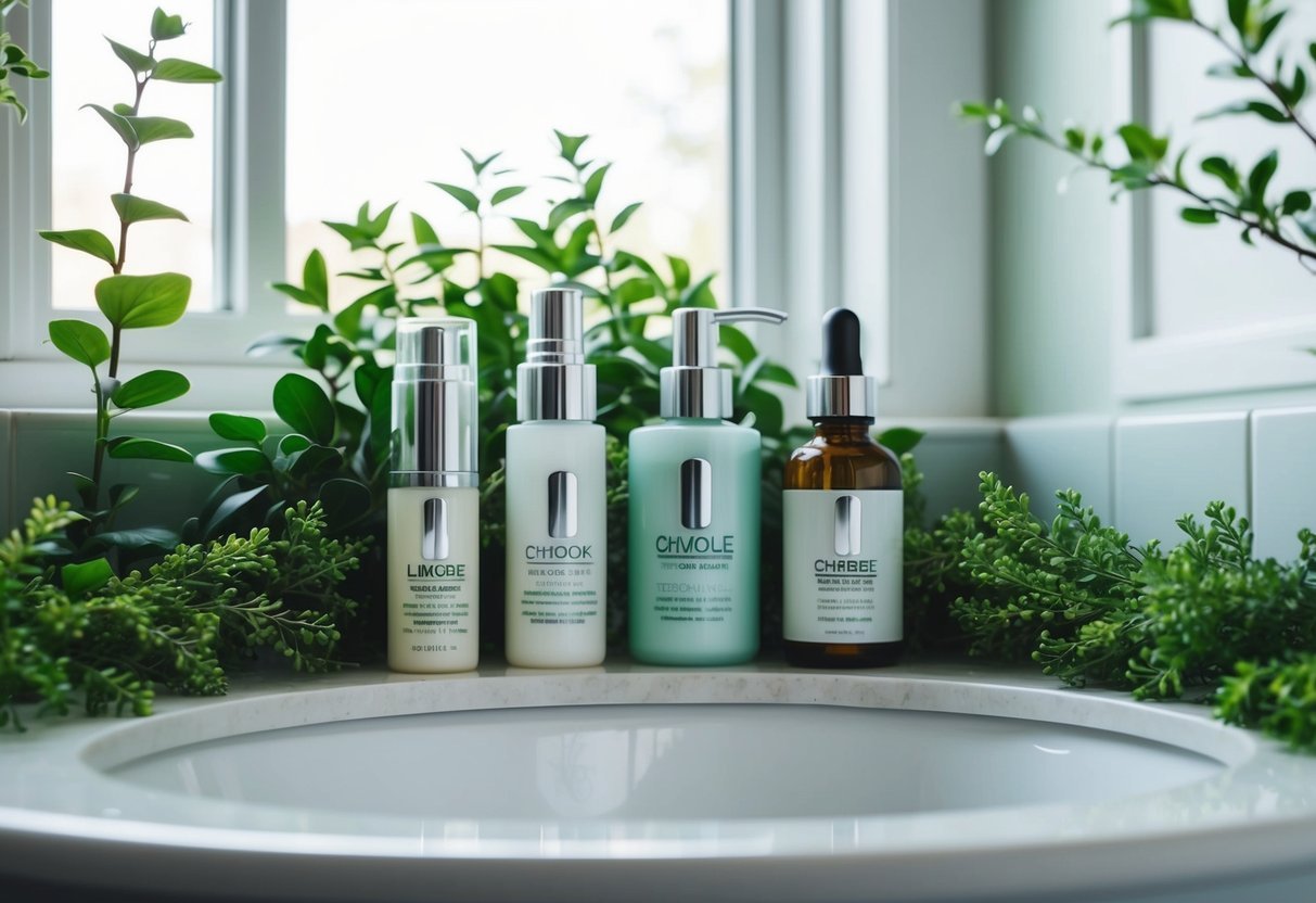 A serene bathroom counter with five skincare products neatly arranged in a row, surrounded by fresh greenery and natural light streaming in from the window