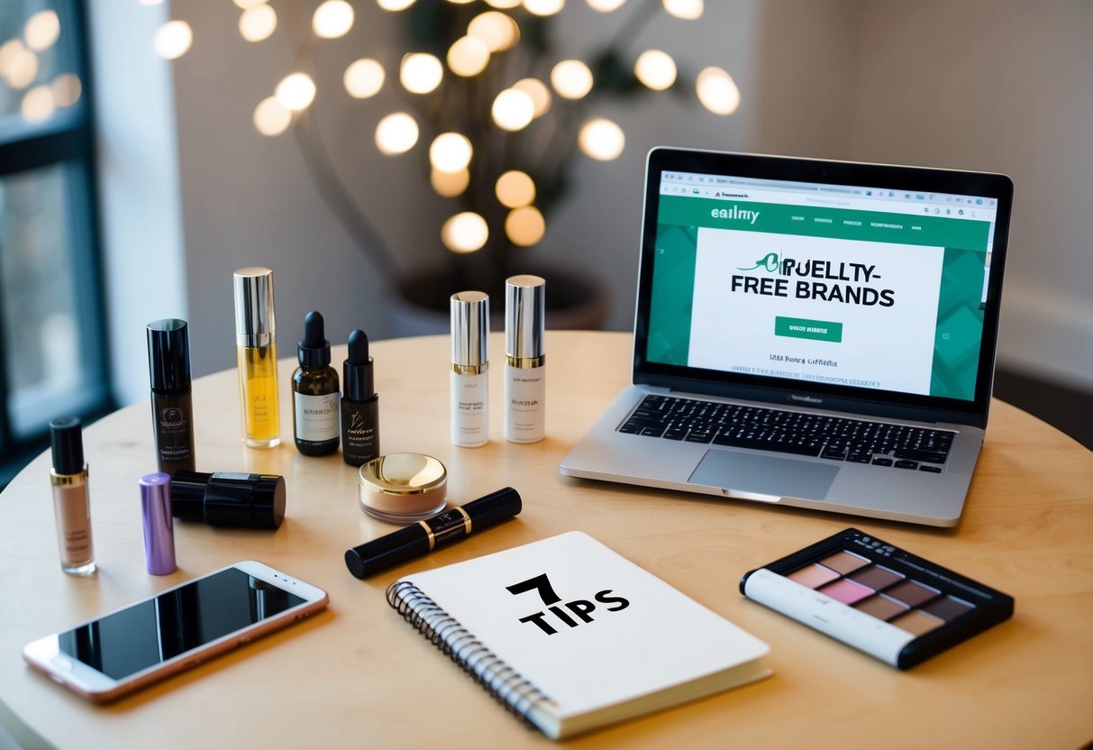 A table with various beauty products, a laptop open to a website listing cruelty-free brands, and a notebook with "7 Tips" written on it