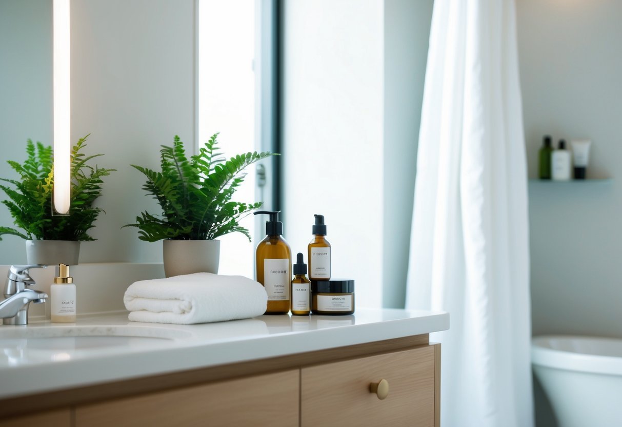 A serene bathroom counter with neatly arranged skincare products, a soft towel, and a potted plant, creating a clean and pure atmosphere