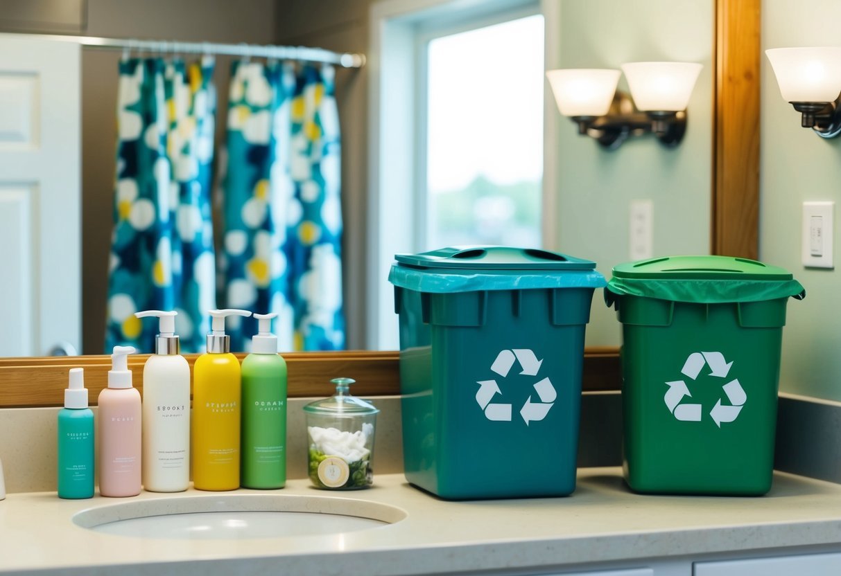 A bathroom counter with reusable containers for beauty products, a compost bin for organic waste, and a recycling bin for packaging