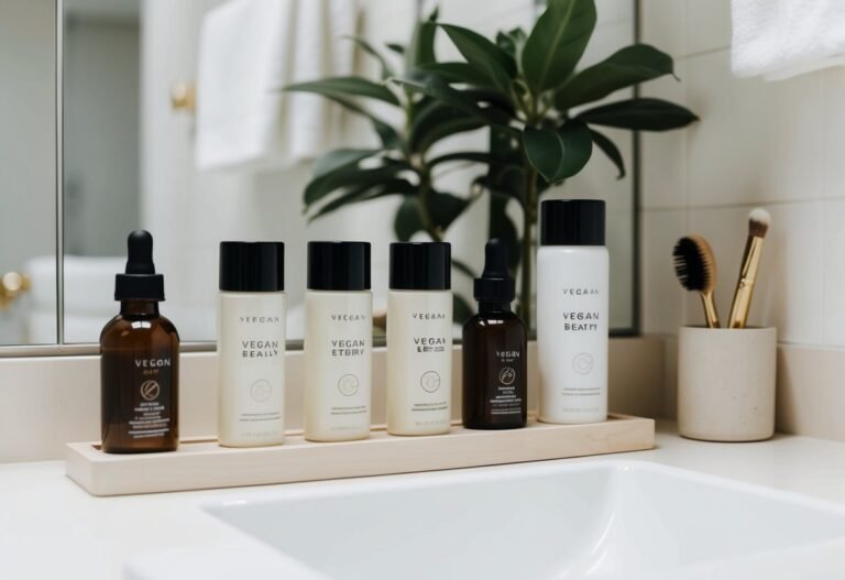 Bathroom counter with vegan beauty products, plant, and makeup brushes