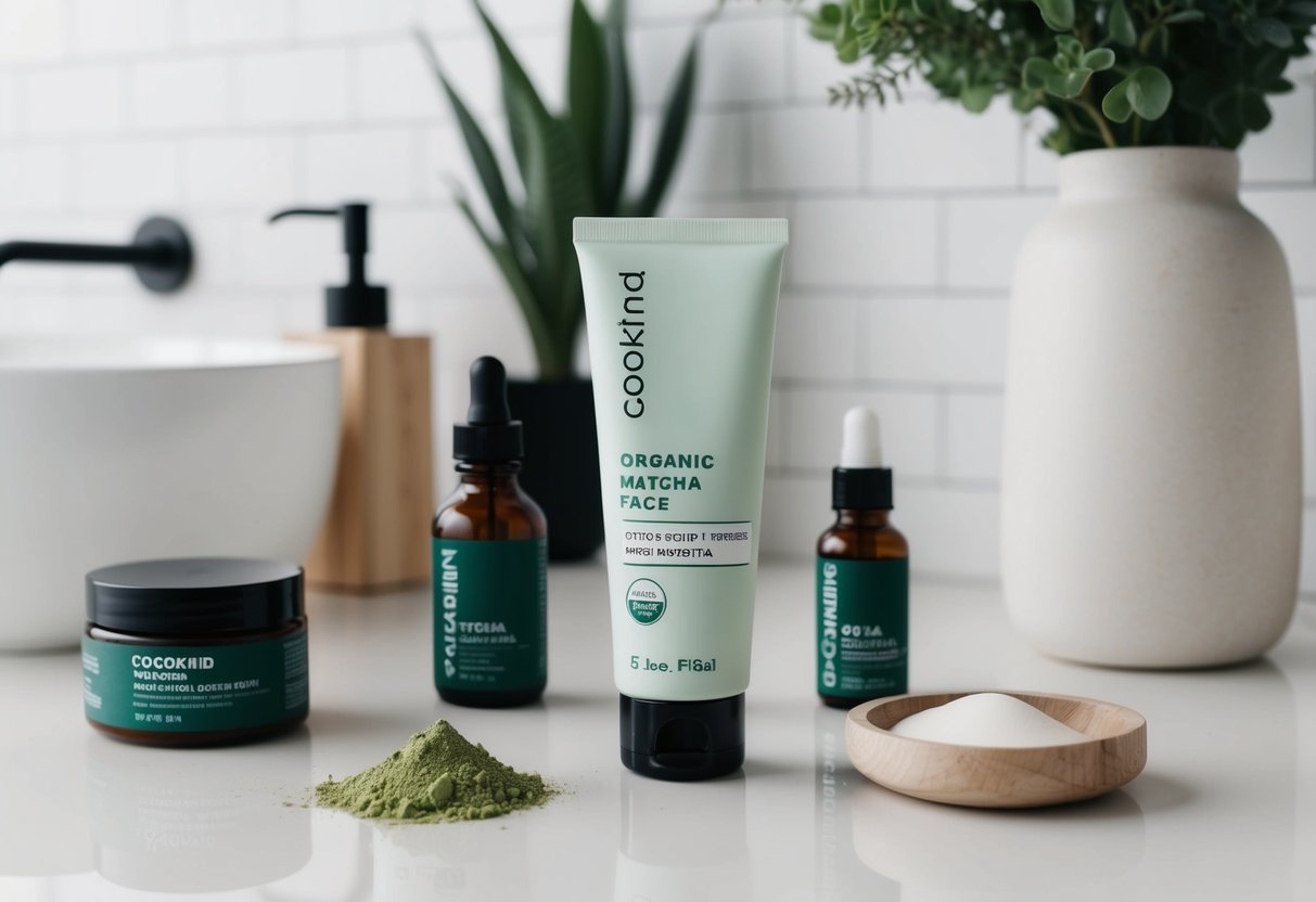 A serene bathroom counter with a tube of Cocokind Organic Matcha Face Moisturizer surrounded by minimalist, vegan beauty products