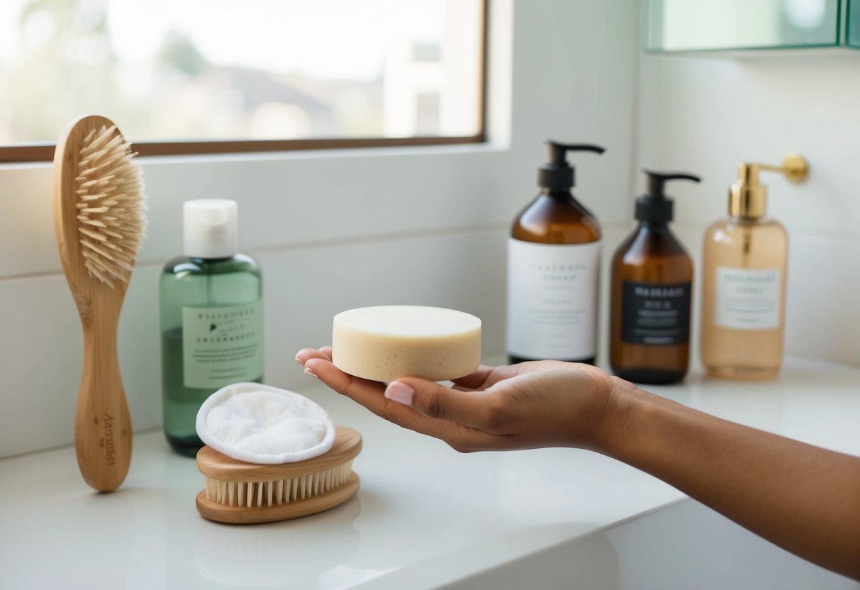 A hand reaching for a solid shampoo bar next to a bamboo hairbrush, reusable cotton pads, and glass bottles of beauty products on a minimalist bathroom counter