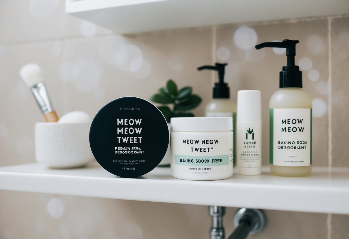 A serene bathroom shelf with minimalist, vegan beauty products including Meow Meow Tweet Baking Soda Free Deodorant