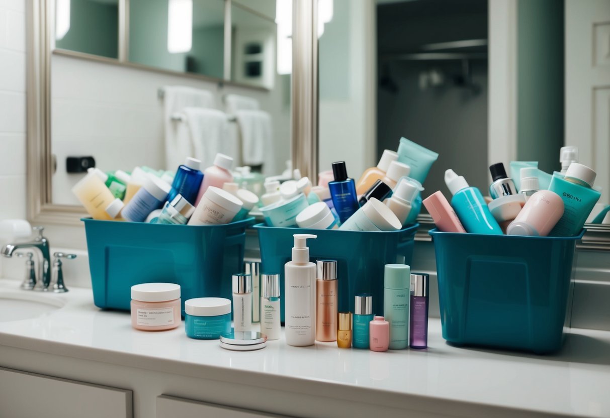 A cluttered bathroom counter with overflowing bins of empty beauty product containers, alongside a small collection of reusable and refillable beauty containers